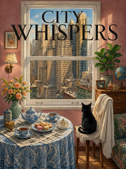 Vintage City Whispers Poster New York Cityscape Black Cat Art Print Decor