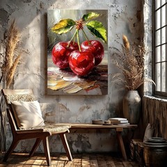 Wall Art Red Cherries Still Life Oil Painting Glossy Fruit Canvas Print Decor