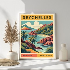 Seychelles Coastline Print Mid Century Modern Tropical Travel Wall Art. Unframed