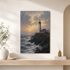 Vintage Lighthouse Sunset Canvas Wall Art Ocean Waves Coastal Decor Poster