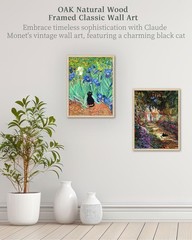 Natural OAK Wood Unique Framed Wall Art, 12x16in Claude Monet Garden Cat Funn…
