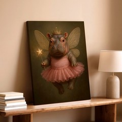 Wall Art Cute Fairy Hippo Princess Print Pink Tutu Crown Whimsical Animal Decor
