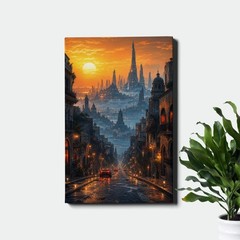 Futuristic city sunset skyline street view Canvas Print urban landscape scene