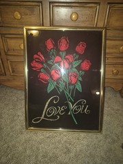Vintage ‘Love You’ With Rose Wood Framed Mirror Picture 1980s 16″x12″ 80s