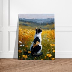 Calico Cat Canvas Wall Art, Rustic Wildflower Oil Painting Decor