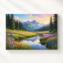 Golden Hour Meadow Stream Canvas Wildflowers, Pines & Mountain Reflection Art