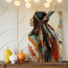Native American Woman Feather Headdress Colorful Abstract Canvas Wall Art Print
