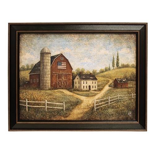 NEW PRIMITIVE PRINT OLDE FLAG BARN HOMESTEAD FARM FRAMED 14.5Hx18.5″W AMERICANA