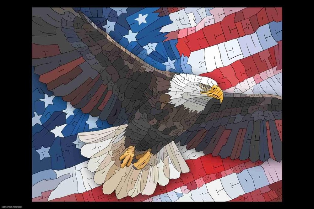 Curtis Epperson Bald Eagle Flag Word Mosaic Art Hand Drawn Cool Wall Art Print P