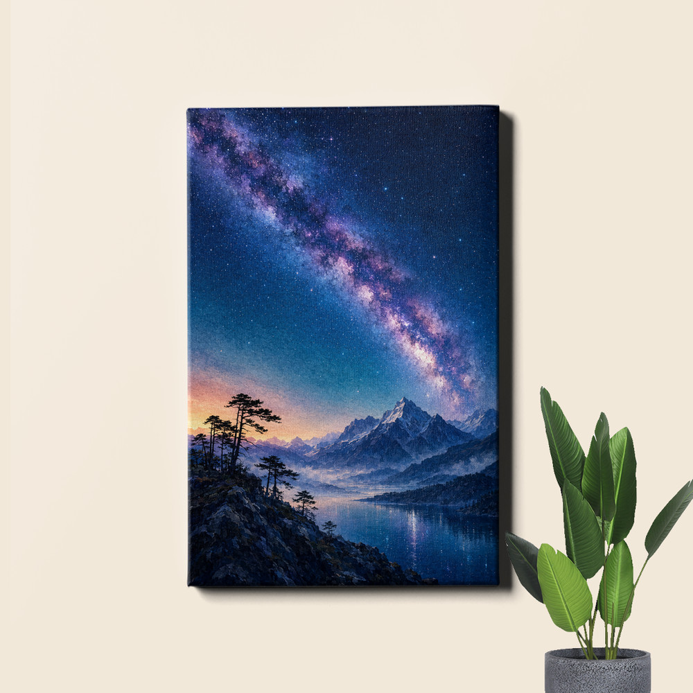 Diagonal Milky Way Mountain Lake Night Framed Canvas Art 12x18inch
