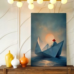 Wall Art Origami Paper Boat Sunset Ocean Surreal Figure Minimalist Print Decor