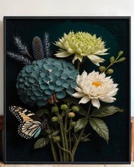 Handmade Oil Painting Floral Still Life Butterfly Hydrangea Wall Art Framed Dark