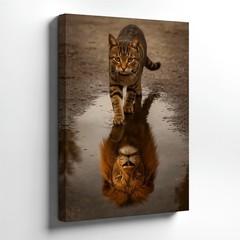 Wall Art Cat Walking Through Puddle Lion Reflection Animal Surreal Poster Print
