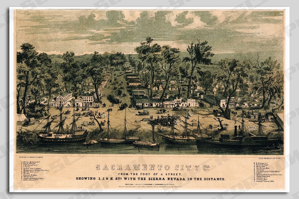SACRAMENTO CITY Town Map 1849 in Historic Gold Rush Educational Poster Art Print