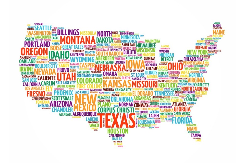 United States USA Map States City Names Collage Educational Poster 18×12