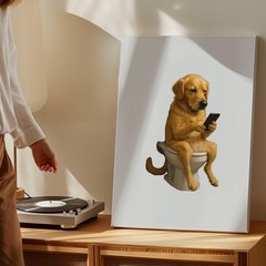 Funny Dog Sitting On Toilet Using Phone Canvas Wall Art Animal Humor Decor Print