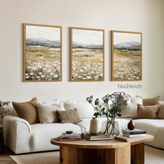 White Wildflowers Wall Art Set of 3, Neutral Meadow Landscape Wall Decor, Minima