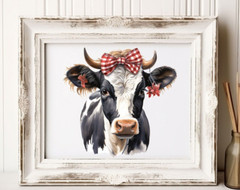 Cow Wall Art Print, Holstein Cow With Red Bow Art Print, Farmhouse Wall Decor