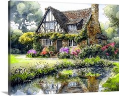 Old Country Cottage In Vermont Pond & Floral Art Gallery Canvas Print Painting
