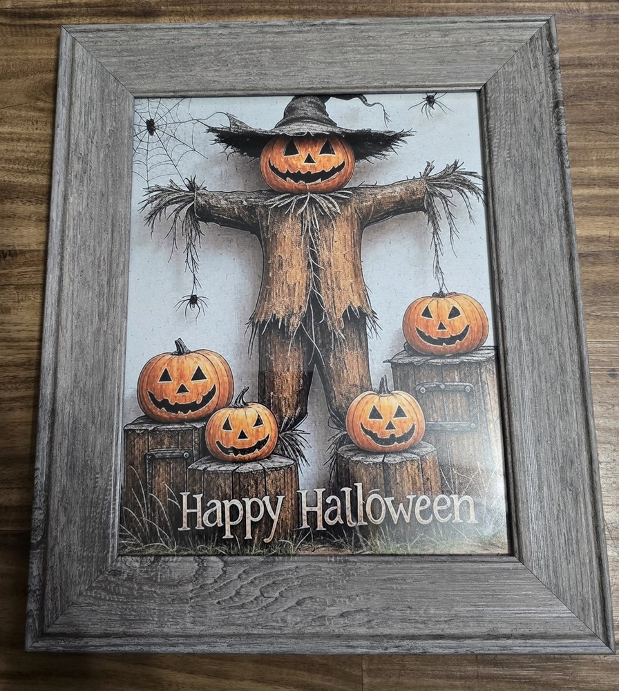 Scarecrow Corn Shock Pumpkins Decor Print Art Spooky Fall Creepy FRAMED PICTURE