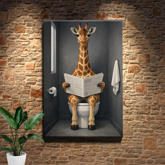 Giraffe Bathroom Reading Newspaper Framed Canvas Wall Art Whimsical Print