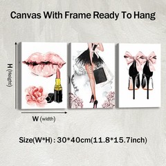 3Pcs Framed Fashion Women Canvas Wall Art, Pink Girly Wood Wall Decor, Femini…