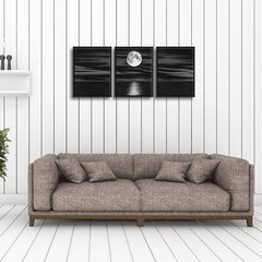 Framed 3 Panel Sea White Full Moon Black and White Ocean Beach Canvas Wall Art
