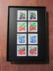 Berries Decor – Recycled Postage Stamp Framed Art 3.5″x5″, Fruit decor