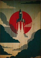 Soviet Rocket : Retro Art Deco on Wood : Archival Quality Art Print
