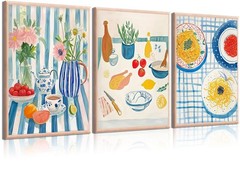 3Pcs Blue Striped Dining Room Food Wall Art Colorful Funky Kitchen Wall Decor…