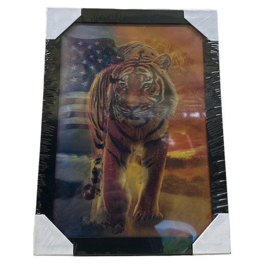 3D Tiger with American Flag Lenticular Framed Picture – 11.5″ x 15.5″ Patriotic