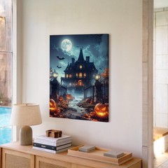 Wall Art Haunted Mansion Halloween Canvas Gothic House Under Moonlight