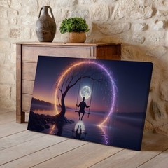 Surreal Moonlight Swing Canvas Wall Art Mystical Tree and Water Reflection Print