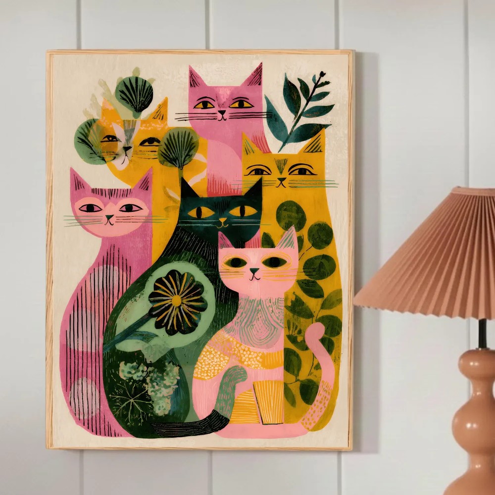 Retro Cat Poster – Colorful Mid Century Eclectic Wall Art Print
