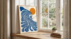 Minimalist Surfer Big Wave Sun Poster Japanese Style Ocean Art Print Coastal Dec