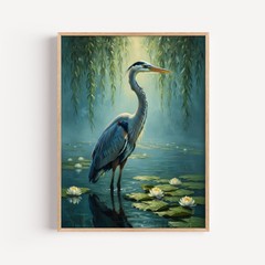 Great Blue Heron and Lotus Wall Art, Coastal Lake House Decor, Serene Wildlife