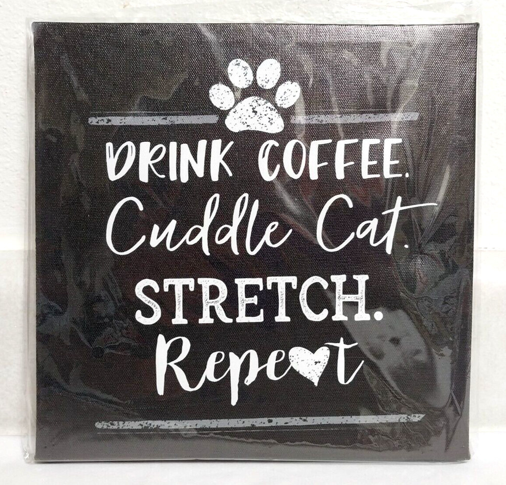 GREENBRIER CANVAS WALL ART «DRINK COFFEE CUDDLE CAT» HANGING BLACK 8.5″x 8.5″