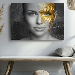 Modern Black and White Woman Portrait with Gold Paint Drip Abstract Canvas Art