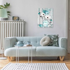 Teal Floral Wall Art for Living Room Blue and White Daisy Flower with Butterf…