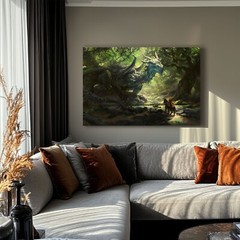 Green Dragon & Knight Painting Print on Canvas | Fantasy Storybook Bedroom Art
