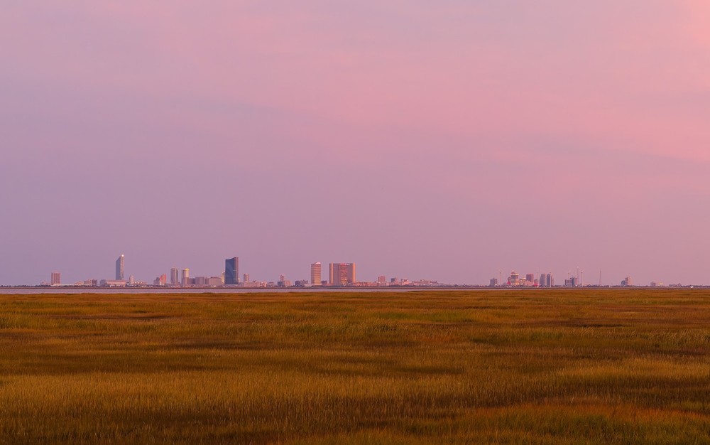 New Jersey Wetlands Sunset — Framed Photograph, Atlantic City Skyline, Barnwood