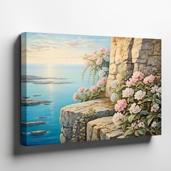 Coastal Canvas Wall Art Floral Seascape Print Pink White Flowers Rocky Cliff