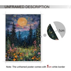 Vintage Full Moon Above The Wildflowers Canvas Wall Art, Mystical Midnight Wo…