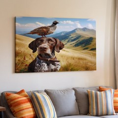 Dog with bird on head wildlife nature canvas wall art mountain landscape decor