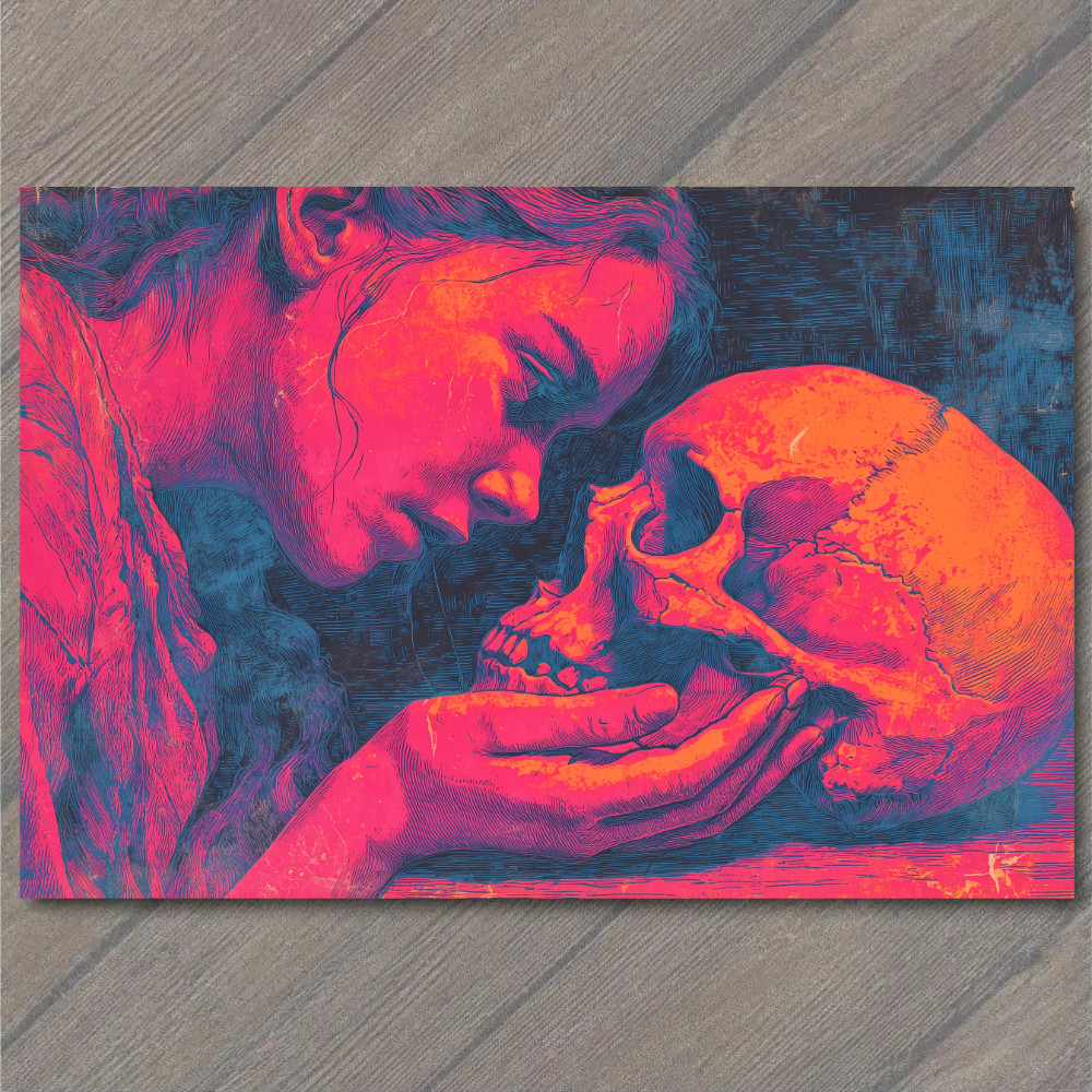 Art Print Woman Holding Skull Neon Pink Blue Orange Gothic Love Death Theme