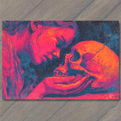 Art Print Woman Holding Skull Neon Pink Blue Orange Gothic Love Death Theme