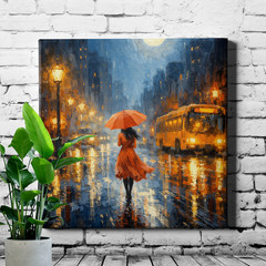 Rainy city street woman with umbrella Wall Art, impressionist oil painting