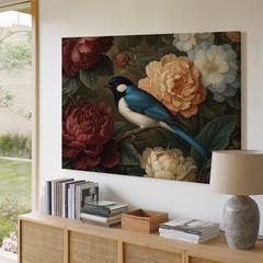 Blue and White Bird Perched on Branch with Red and White Flowers Canvas Wall Art