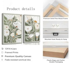 2 Pcs Boho Wildflowers Canvas Wall Art Green Bohemia Abstract Floral Botanica…