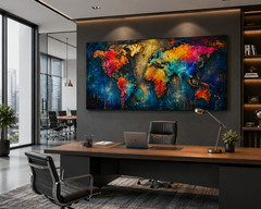 Colorful World Map Canvas Wall Art Modern Office Decor Abstract Mixed Media Art